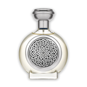 clear round bottle, silver cap and silver shield disc